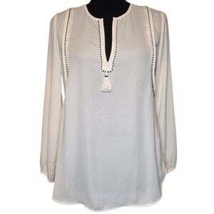 J.Crew Women's Ceam Black Trim Flowy Long-sleeved V-neck Pullover Blouse Size 00